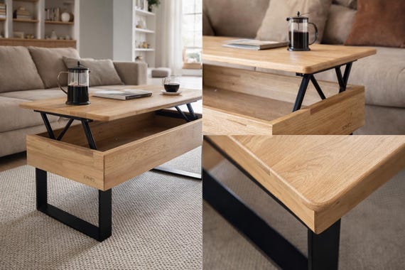 Couchtisch mit Hubfunktion fürs Wohnzimmer, multifunktionaler Beistelltisch, Esstisch mit Hubfunktion fürs Sofa, Beistelltisch aus Eiche