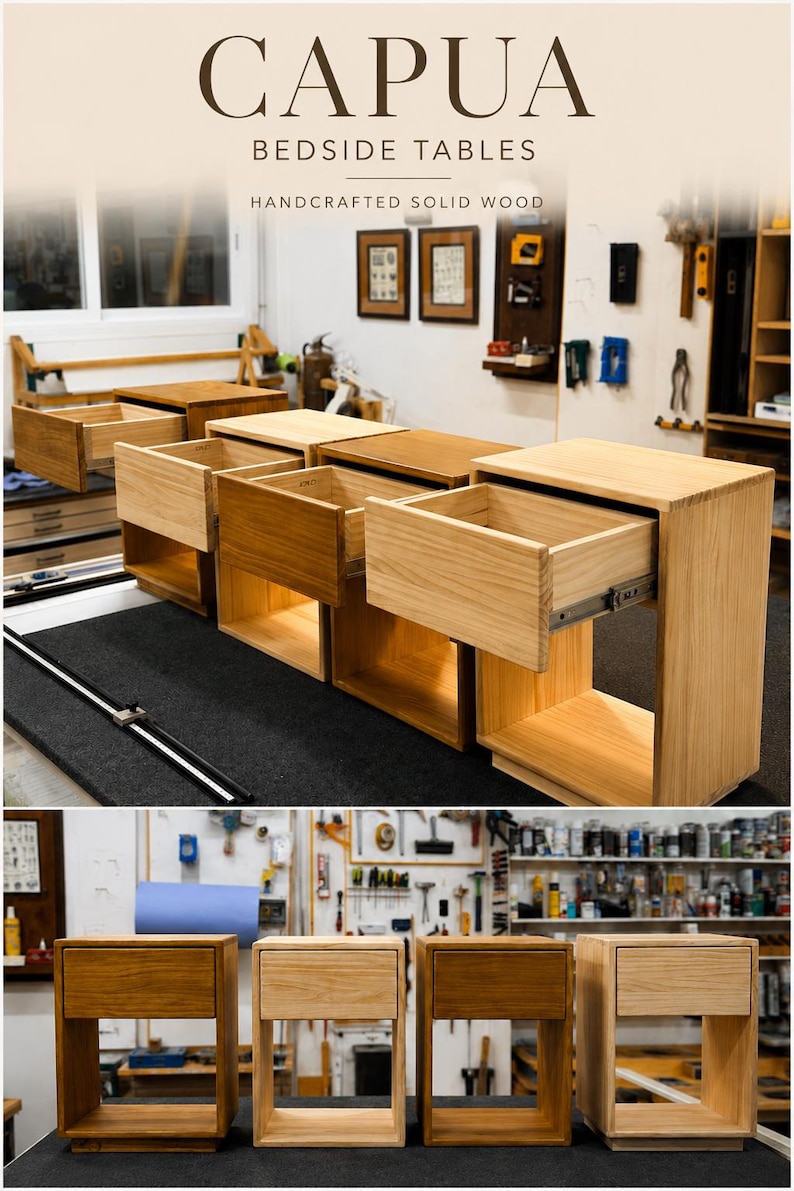 May include: Four solid wood bedside tables labeled CAPUA BEDSIDE TABLES HANDCRAFTED SOLID WOOD. The tables feature a rectangular frame with an open lower shelf and a single pull-out drawer on metal glides, showcasing varying natural wood tones.