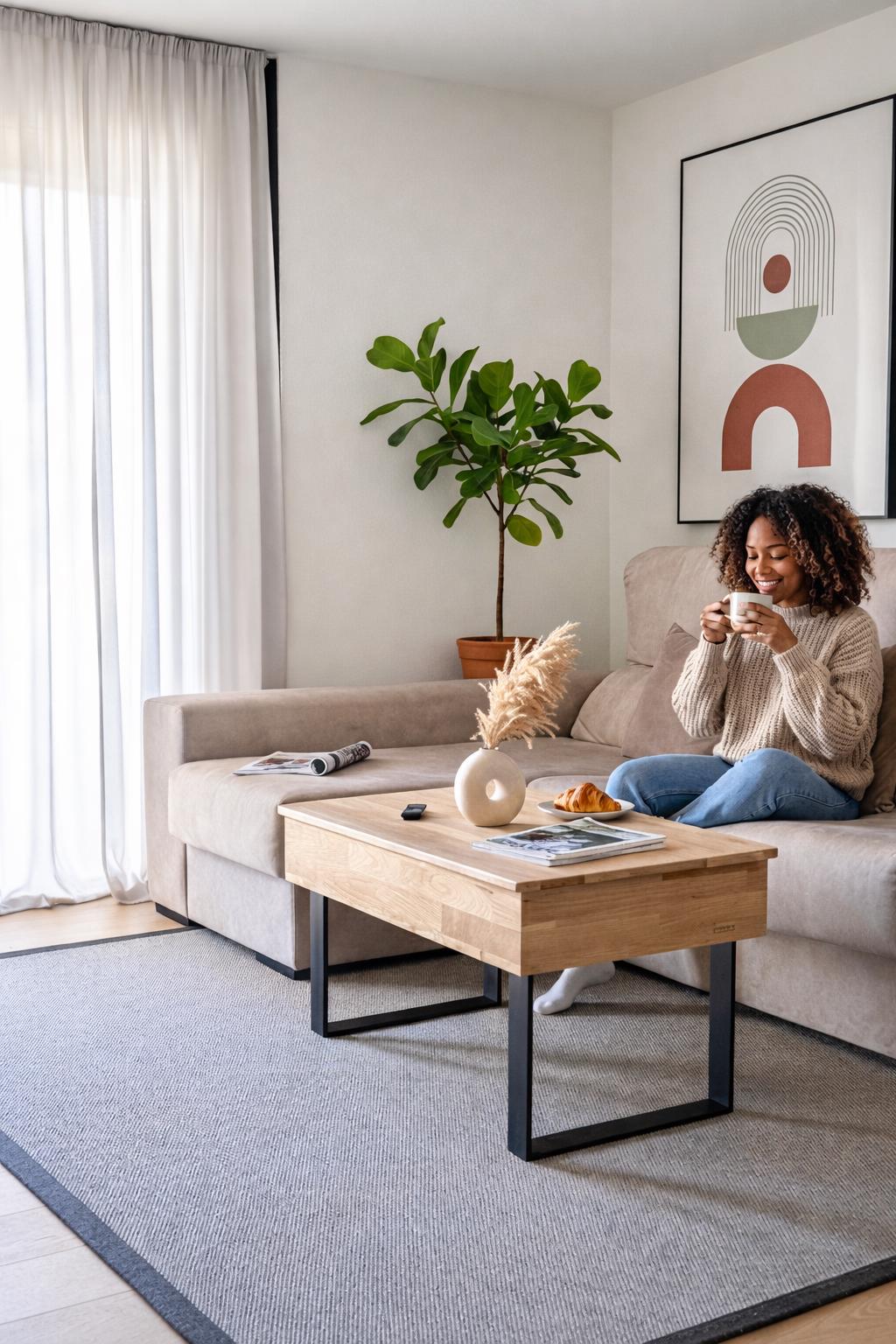 Couchtisch mit Hubfunktion fürs Wohnzimmer, multifunktionaler Beistelltisch, Esstisch mit Hubfunktion fürs Sofa, Beistelltisch aus Eiche