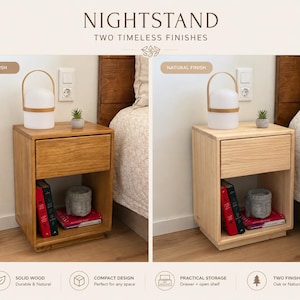 May include: A nightstand with two finish options, oak and natural. The nightstand features a single drawer and an open bottom shelf. On top sits a white portable lamp and a small succulent. Books and a stone head sculpture are on the shelf.
