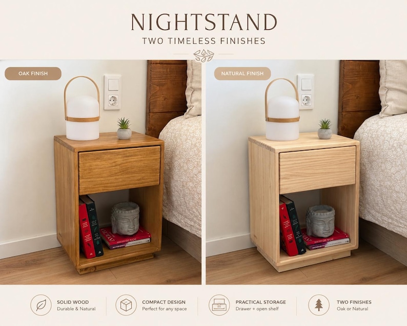May include: A nightstand with two finish options, oak and natural. The nightstand features a single drawer and an open bottom shelf. On top sits a white portable lamp and a small succulent. Books and a stone head sculpture are on the shelf.