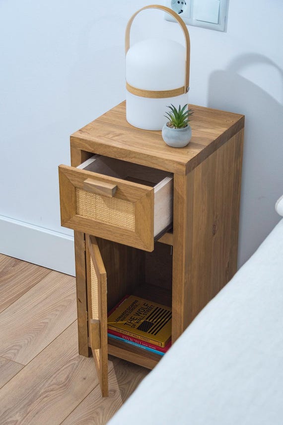Table de Chevet Lot de 2, Table d'Appoint 2 Tiroirs, Design Rotin Cannage, Pieds en Bois Massif, Table de Nuit Bohème, 40 x 40 x 56 cm