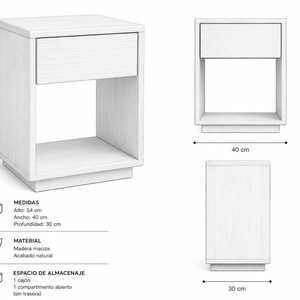 May include: A light-colored wooden nightstand featuring one top drawer and an open lower storage compartment. Technical diagrams show dimensions of 54 cm in height, 40 cm in width, and 30 cm in depth. The piece has a natural wood grain finish.