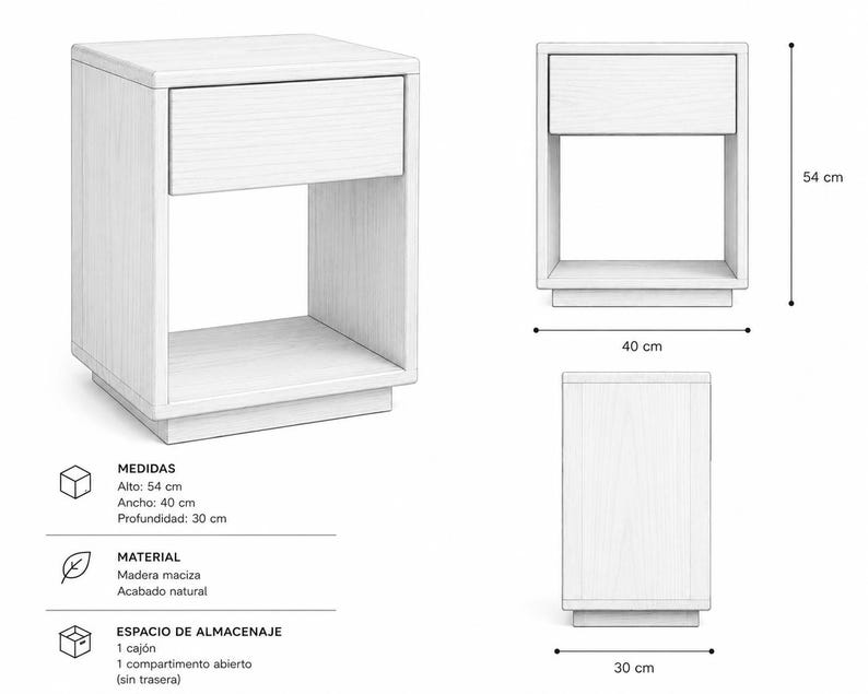 May include: A light-colored wooden nightstand featuring one top drawer and an open lower storage compartment. Technical diagrams show dimensions of 54 cm in height, 40 cm in width, and 30 cm in depth. The piece has a natural wood grain finish.