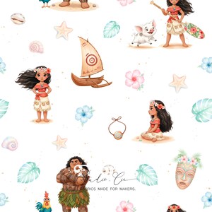 Children's fabric: tropical island, Polynesian princess, boat, exotic flowers, cotton jersey, baby, summer, kawaii pattern