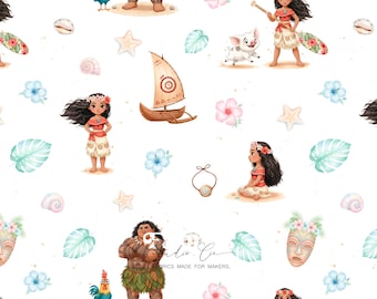 Children's fabric: tropical island, Polynesian princess, boat, exotic flowers, cotton jersey, baby, summer, kawaii pattern
