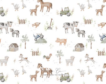 Watercolor Farm Fabric by the Meter, Organic Baby Cotton, Tractor, Cow, Horse, and Sheep Pattern, Children's and Nursery Sewing Fabric, OEKO-TEX Certified