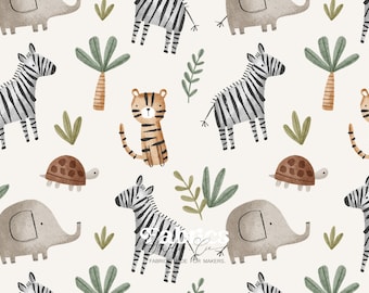 Baby safari fabric – cotton print zebra tiger elephant turtle, soft mixed jungle animal pattern
