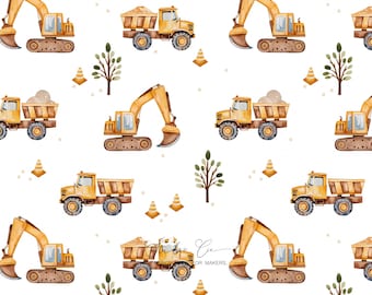 Baby construction site fabric – excavator and dump truck, printed cotton construction equipment, unisex children's pattern