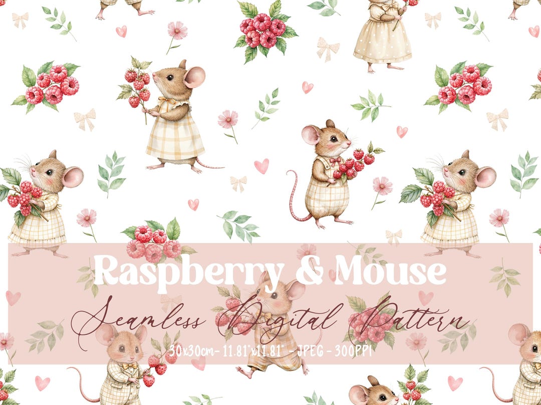 Raspberry & Mouse Seamless Pattern for Fabric Printing, Sublimation ...