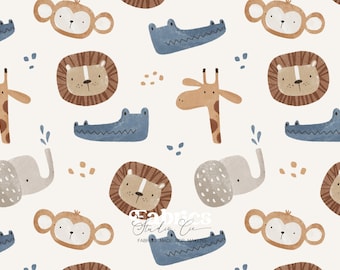 Terracotta baby safari fabric – lion, giraffe, zebra, leopard, soft savannah print cotton, unisex children's fabric