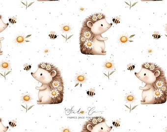 Baby hedgehog fabric – daisy and bee pattern, soft forest print cotton, unisex nursery fabric