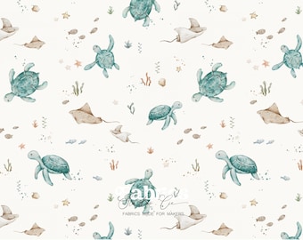 Sea turtle and ray fabric – ocean pattern for children's clothing and baby decor