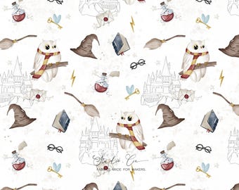 Children's fabric – Magic & White Wizard Owl pattern – Cotton, minky, double gauze, jersey