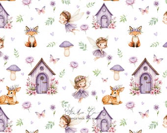 Fairy Forest with Little Fairies — Children's Fabric Watercolor Lilac & Forest Animals