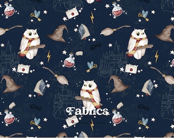 Children's fabric – Magic & Blue Wizard Owl pattern – Cotton, minky, double gauze, jersey