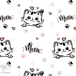 Tissu chaton mignon – Motif “Meow” avec empreintes et cœurs rose poudré – Style kawaii doux et moderne