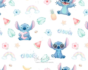 Children's fabric, alien blue kawaii rainbow tropical fruit cotton jersey baby pattern, cute summer design