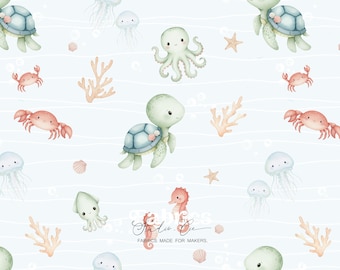 Watercolor baby marine animal fabric, turtle, octopus, seahorse, soft ocean pattern, children's fabric, baby sewing, nursery decor