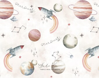 Children's space fabric with planets and rockets, beige – boys' clothing with a space theme – Cotton, jersey, French terry, minky, double gauze, satin
