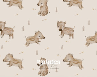 Wild boar fabric in beige and ecru – forest animal print for baby clothes and decor