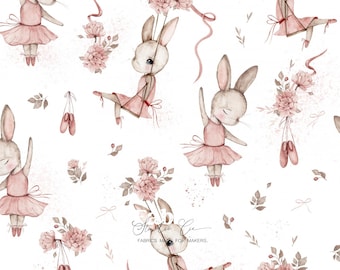 Watercolor Ballerina Bunny Fabric | Jersey/Cotton/Double Gauze | Powder Pink Baby Print | Fabric by the Meter for Children's Sewing