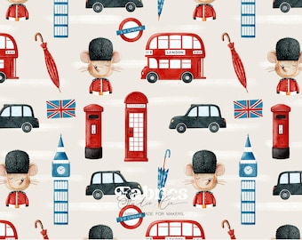 London children's fabric with red bus and Big Ben royal guard motif, cotton jersey, baby decor, sewing, UK kawaii