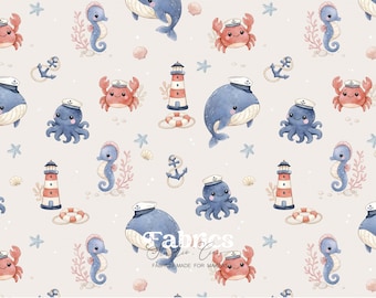 Cute sea turtle fabric on a beige background – Baby sea turtle and coral pattern – Pastel blue ocean theme for children