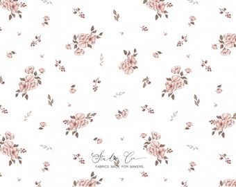 Small Watercolor Roses Liberty Style Fabric | Jersey / Cotton / Double Gauze | Vintage Powder Pink Flowers | Fabric by the Meter for Women's Sewing
