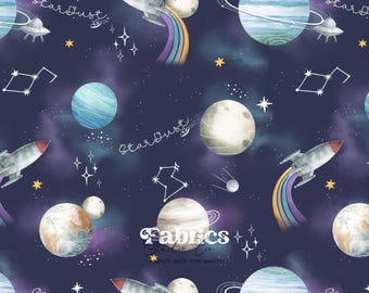 Children's space fabric with planets and rockets in midnight blue – boys' space-themed clothing – Cotton, jersey, French terry, minky, double gauze, satin