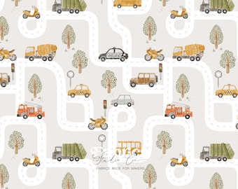Children's Vehicles Fabric – Printed Cotton Road and Cars, Police, Fire Truck, Taxi, Bus, City Pattern for Baby Unisex