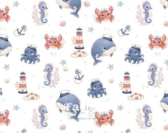 Cute Sea Turtle Fabric – Baby Sea Turtle and Coral Pattern – Pastel Blue Ocean Theme for Children