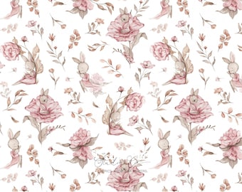Watercolor Bunny & Peonies Fabric | Jersey / Cotton / Double Gauze | Powder Pink Floral Baby Print | Fabric by the Meter for Children's Sewing