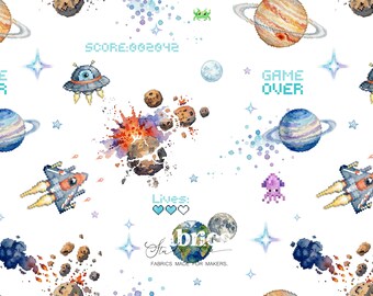 Children's pixel art space fabric, retro gaming rockets and planets on a white background – boy's gamer clothing