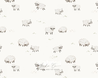 Children's sheep fabric – printed cotton with farm animal design on an ecru background, soft baby pattern, watercolor style, suitable for pajamas and home decor, OEKO-TEX certified