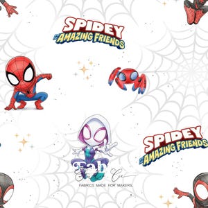 Könnte beinhalten: Weißer Stoff mit Cartoon-Illustrationen von Spider-Man, Spider-Woman und einem roten spinnenartigen Charakter. Die Worte "Spidey and His Amazing Friends" sind vorhanden, zusammen mit einem Spinnennetz-Design.