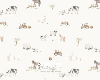 Beige watercolor farm animal print fabric, cow, sheep, horse, tractor, children's and baby fabric, handmade sewing