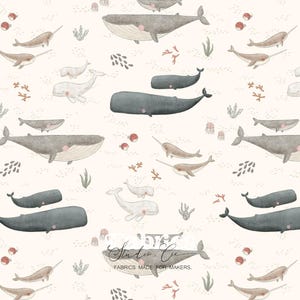 Stof met aquarelprint van walvissen en narwallen – unisex babystof met maritiem motief, zachte katoenen stof met oceaanprint, geschikt voor de babykamer.