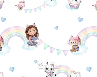 Rainbow cat and girl fabric on a white background – kawaii universe girl's clothing