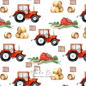 Peut inclure: Motif aquarelle répété avec des tracteurs rouges, des balles de foin, des granges rouges et des clôtures en bois sur fond blanc. Le motif a un thème de ferme, avec des éléments ruraux. Le logo Studio Cie Fabrics Made for Makers est visible.
