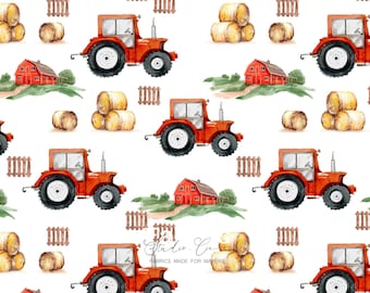 Baby Tractor Fabric – Watercolor Farm Print Cotton, Red Barn and Hay Bales, Unisex Countryside Design