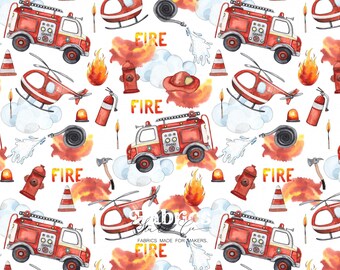 Baby firefighter fabric – printed cotton truck, helicopter, fire hose, child rescue pattern
