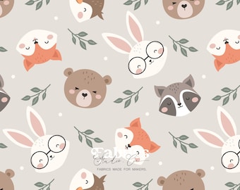 Baby Forest Animal Heads Fabric – Bear, Fox, Rabbit, Soft Mixed Cotton Print, Woodland Pattern for Nursery