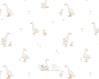 Watercolor baby duck fabric – country goose and duckling pattern, soft printed cotton, unisex fabric for children's room