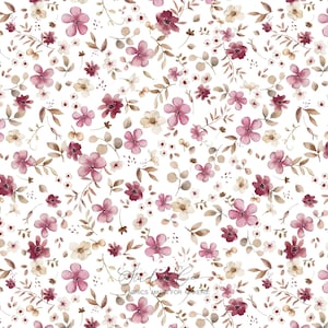 Peut inclure: Un tissu floral sur fond blanc, présentant un motif répété de fleurs roses, bordeaux et crème et de feuilles marron. Le tissu a un aspect délicat, semblable à une aquarelle, avec le texte "Stud Co. FABRICS MADE FOR MAKERS."