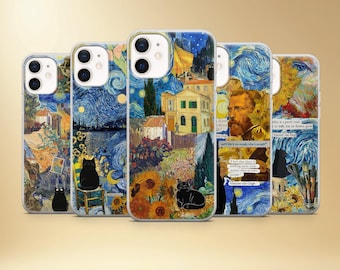 Funda para teléfono con diseño de gato de Van Gogh, inspirada en La noche estrellada, para iPhone, Samsung y Pixel.
