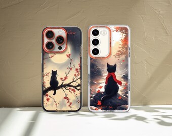 Japanese Cat Phone Case Personalized Moon Sakura Art Cover for iPhone, Samsung & Google Pixel