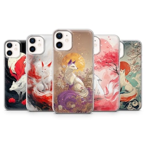 May include: Five different iPhone cases with colorful designs featuring foxes and flowers. The cases are clear and show the phone's design through the back.