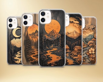 Custodia per telefono con montagna e alberi, paesaggio forestale, cover per iPhone 17 Pro Max, 16e, 15, 14, 12 e Samsung S25 Ultra, S24, A56, Pixel 10 XL, 9a