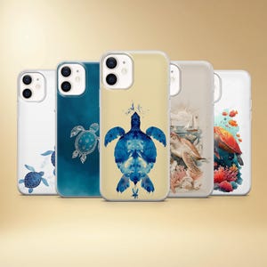 May include: Five phone cases with sea turtle artwork. The designs vary, using watercolour and graphic styles. The colour scheme includes blues, greens, and yellows, with detailed illustrations of turtles and marine life. Each case has a different design.